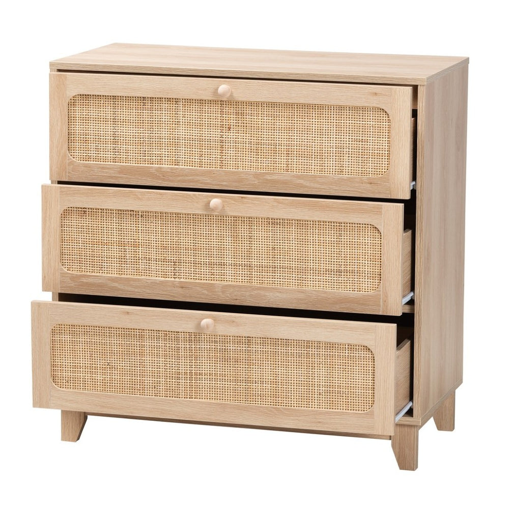 Baxton Studio Baxton Studio Elsbeth 3-Drawer Japandi Storage Cabinet in Oak Brown & Natural Rattan for Modern Homes LC22040703-Rattan-3DW Cabinet