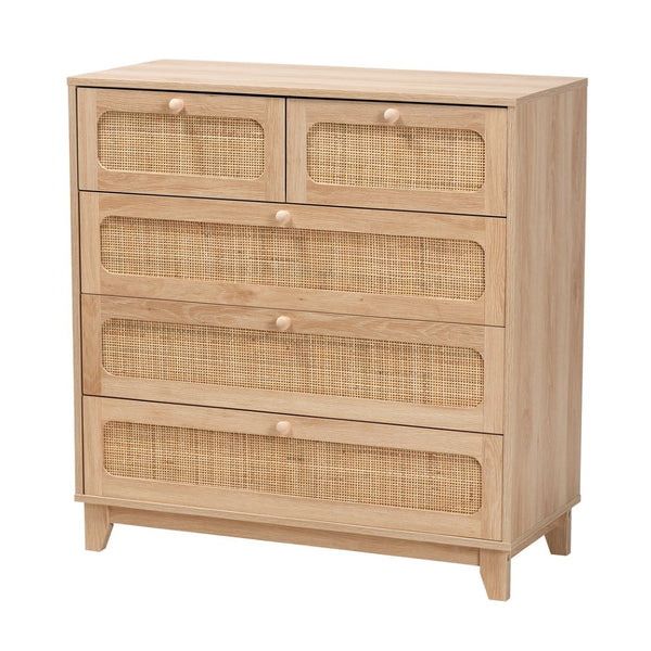 Baxton Studio Baxton Elsbeth Mid-Century Modern Storage Cabinet with 5 Drawers and Natural Rattan for Stylish Organization LC22040704-Rattan-5DW Cabinet