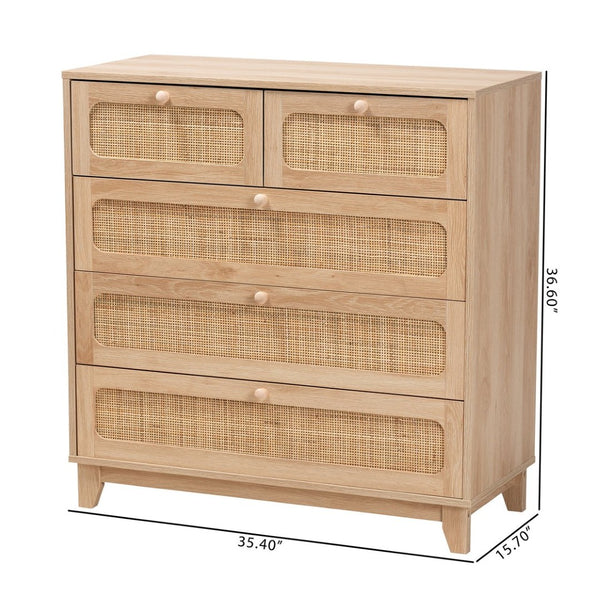 Baxton Studio Baxton Elsbeth Mid-Century Modern Storage Cabinet with 5 Drawers and Natural Rattan for Stylish Organization LC22040704-Rattan-5DW Cabinet