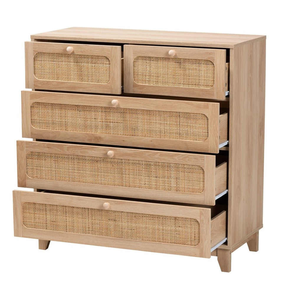 Baxton Studio Baxton Elsbeth Mid-Century Modern Storage Cabinet with 5 Drawers and Natural Rattan for Stylish Organization LC22040704-Rattan-5DW Cabinet