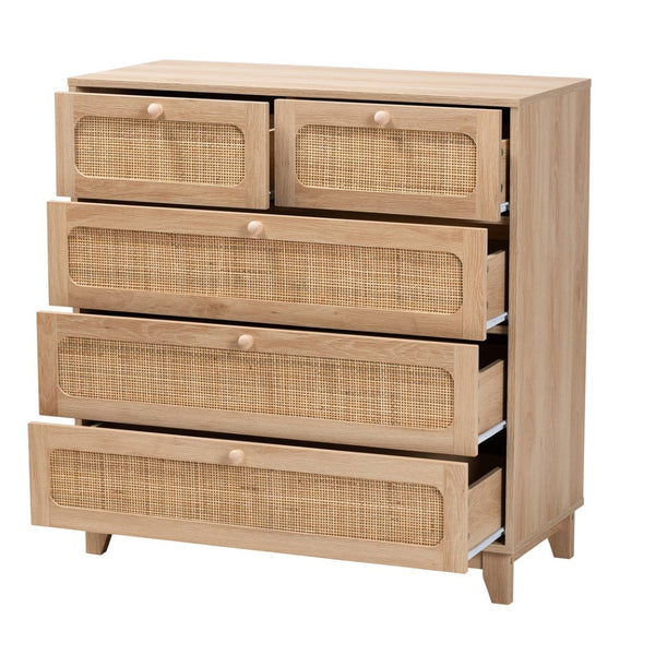 Baxton Studio Baxton Elsbeth Mid-Century Modern Storage Cabinet with 5 Drawers and Natural Rattan for Stylish Organization LC22040704-Rattan-5DW Cabinet