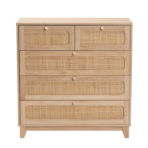 Baxton Studio Baxton Elsbeth Mid-Century Modern Storage Cabinet with 5 Drawers and Natural Rattan for Stylish Organization LC22040704-Rattan-5DW Cabinet