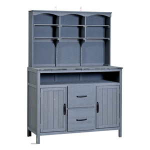 English Elm (with Hutch) Topmax Solid Fir Outdoor Potting Bench Station Cabinets Drawers Patio Garden Gray N717P404332E