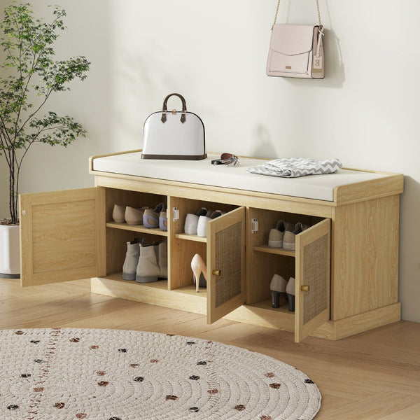 English Elm Homcom Entryway Storage Bench Padded Linen Seat Dual Cabinets White Mdf Hallway W2225P485637