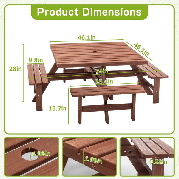 English Elm 8-person Square Wood Picnic Table with Umbrella Hole Reinforced Outdoor Dining Set W1422P392906