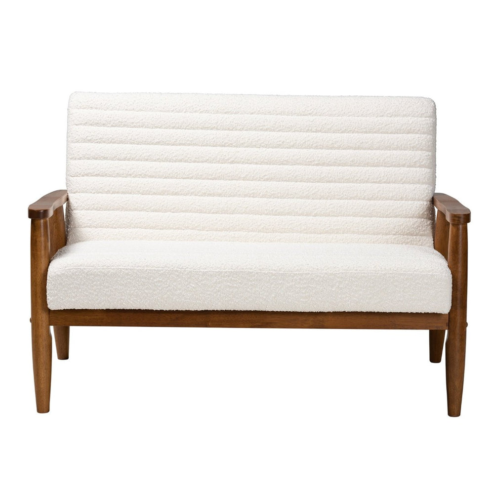 Baxton Studio Baxton Modern Cream Boucle Loveseat: Chic Mid-Century Design with Walnut Brown Legs for Cozy Spaces BBT8013.16-Maya-Cream/Walnut-LS