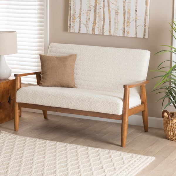 Baxton Studio Baxton Modern Cream Boucle Loveseat: Chic Mid-Century Design with Walnut Brown Legs for Cozy Spaces BBT8013.16-Maya-Cream/Walnut-LS