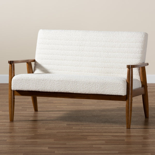 Baxton Studio Baxton Modern Cream Boucle Loveseat: Chic Mid-Century Design with Walnut Brown Legs for Cozy Spaces BBT8013.16-Maya-Cream/Walnut-LS