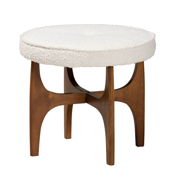 Baxton Studio Baxton Studio Theo Cream Boucle Ottoman - Chic Round Footstool with Walnut Brown Base for Elegance BBT5456-Maya-Cream/Walnut-Stool