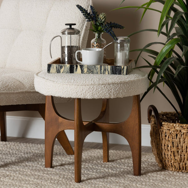 Baxton Studio Baxton Studio Theo Cream Boucle Ottoman - Chic Round Footstool with Walnut Brown Base for Elegance BBT5456-Maya-Cream/Walnut-Stool