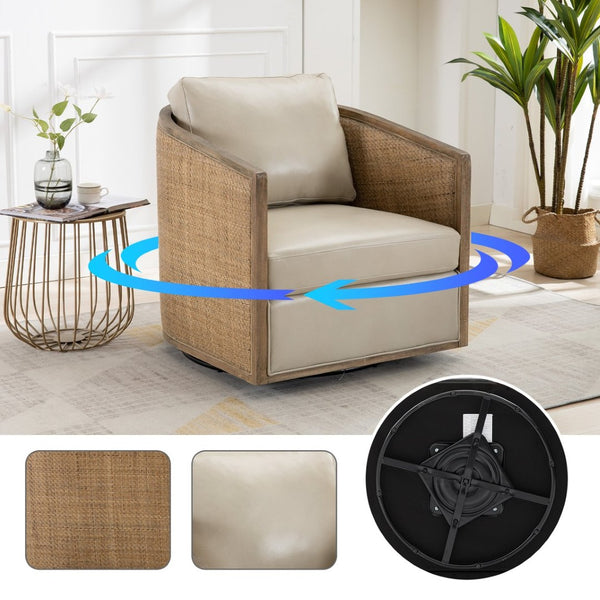 English Elm Swivel Barrel Chair Faux Leather Rattan Accent Seat with 360 Base for Living Room W395102741