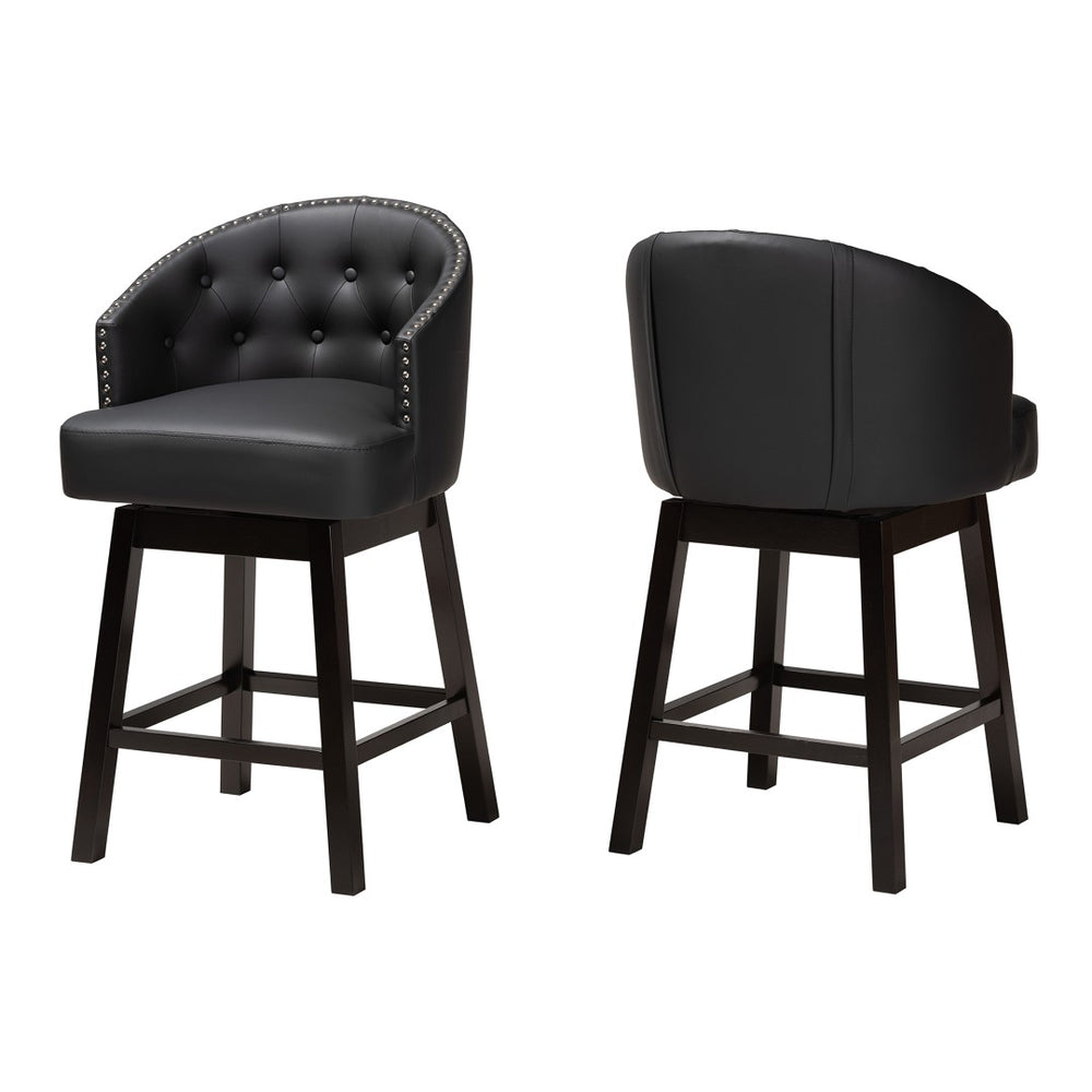 Baxton Studio Baxton Studio Theron Mid-Century Swivel Counter Stool Set with Espresso Wood Frame & Tufted Back Black BBT5210C-Black/Dark Brown-CS