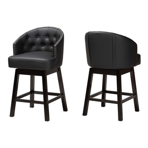 Baxton Studio Baxton Studio Theron Mid-Century Swivel Counter Stool Set with Espresso Wood Frame & Tufted Back Black BBT5210C-Black/Dark Brown-CS