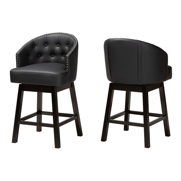 Baxton Studio Baxton Studio Theron Mid-Century Swivel Counter Stool Set with Espresso Wood Frame & Tufted Back Black BBT5210C-Black/Dark Brown-CS