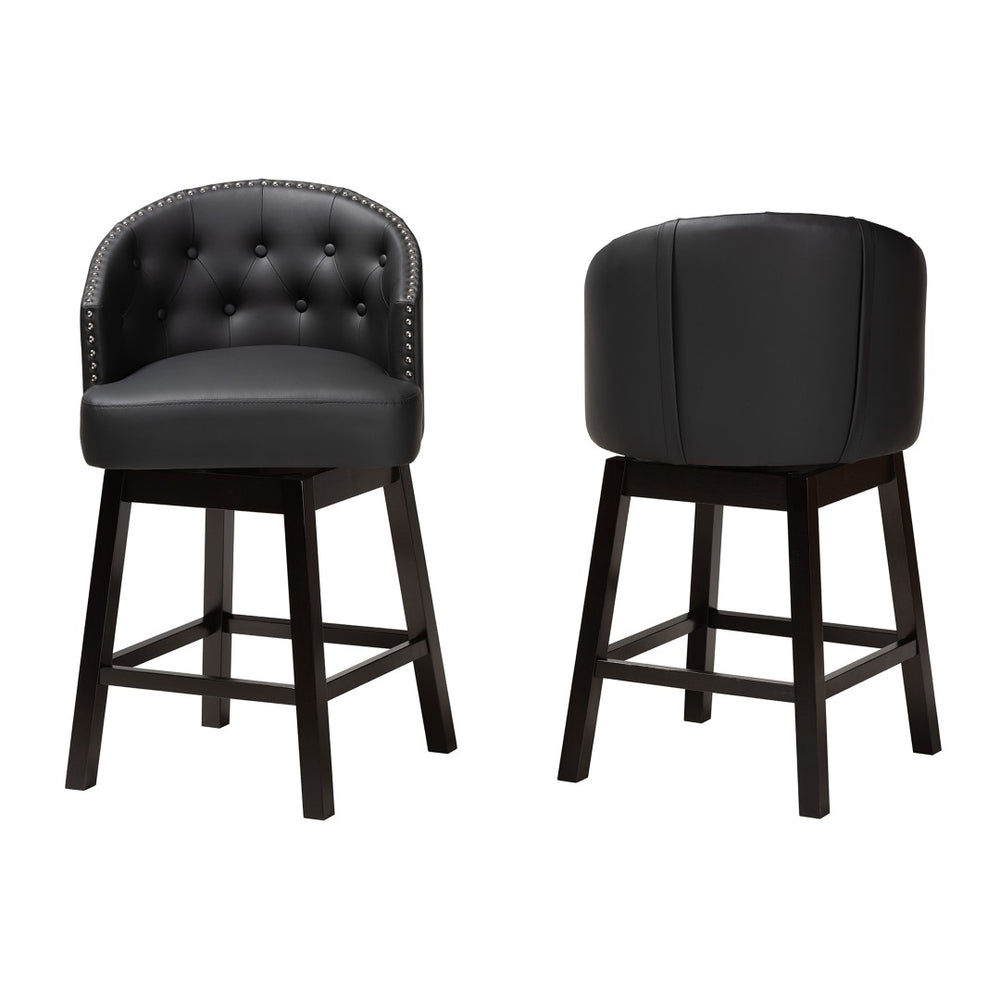 Baxton Studio Baxton Studio Theron Mid-Century Swivel Counter Stool Set with Espresso Wood Frame & Tufted Back Black BBT5210C-Black/Dark Brown-CS