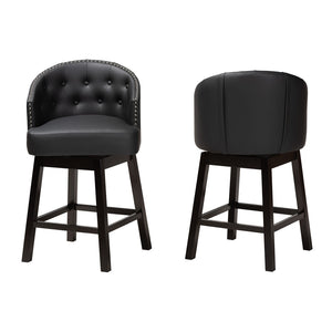 Baxton Studio Baxton Studio Theron Mid-Century Swivel Counter Stool Set with Espresso Wood Frame & Tufted Back Black BBT5210C-Black/Dark Brown-CS