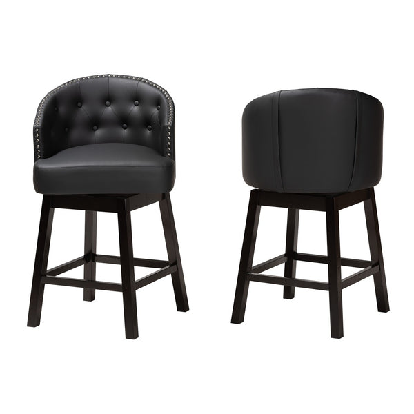 Baxton Studio Baxton Studio Theron Mid-Century Swivel Counter Stool Set with Espresso Wood Frame & Tufted Back Black BBT5210C-Black/Dark Brown-CS