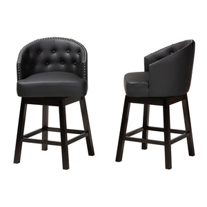 Baxton Studio Baxton Studio Theron Mid-Century Swivel Counter Stool Set with Espresso Wood Frame & Tufted Back Black BBT5210C-Black/Dark Brown-CS