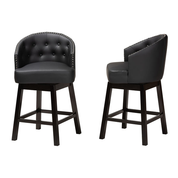 Baxton Studio Baxton Studio Theron Mid-Century Swivel Counter Stool Set with Espresso Wood Frame & Tufted Back Black BBT5210C-Black/Dark Brown-CS