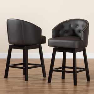 Baxton Studio Baxton Studio 2-Piece Swivel Counter Stool Set in Dark Brown Faux Leather with Espresso Wood Finish BBT5210C-Brown/Dark Brown-CS