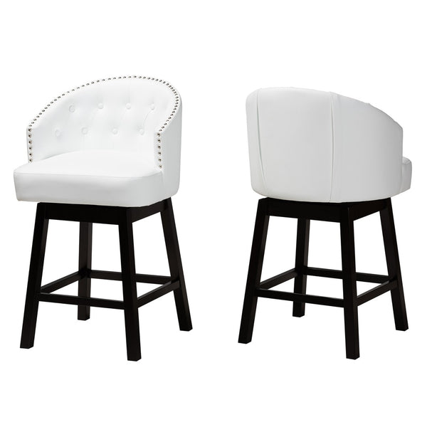 Baxton Studio Baxton Studio Theron Mid-Century Swivel Counter Stool Set with Espresso Wood Frame & Tufted Back White BBT5210C-White/Dark Brown-CS