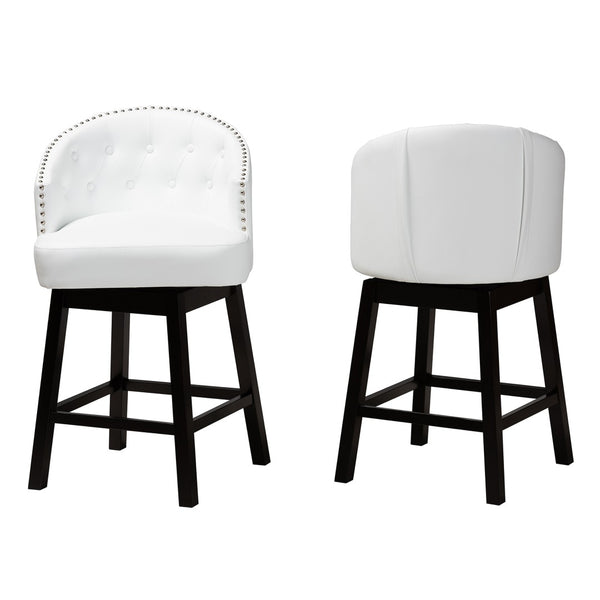 Baxton Studio Baxton Studio Theron Mid-Century Swivel Counter Stool Set with Espresso Wood Frame & Tufted Back White BBT5210C-White/Dark Brown-CS