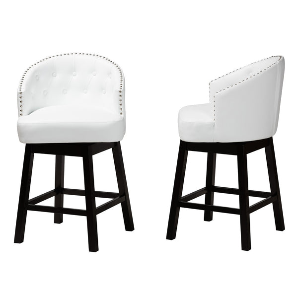 Baxton Studio Baxton Studio Theron Mid-Century Swivel Counter Stool Set with Espresso Wood Frame & Tufted Back White BBT5210C-White/Dark Brown-CS