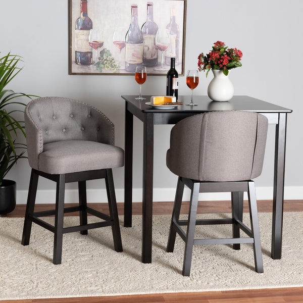 Baxton Studio Baxton Studio Theron 2-Piece Swivel Counter Stool Set - Mid-Century Grey Fabric & Espresso Wood Finish BBT5210C-Grey/Dark Brown-CS