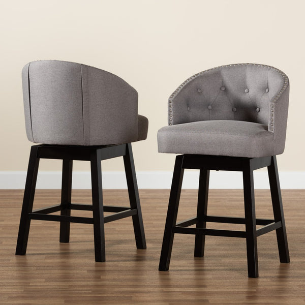Baxton Studio Baxton Studio Theron 2-Piece Swivel Counter Stool Set - Mid-Century Grey Fabric & Espresso Wood Finish BBT5210C-Grey/Dark Brown-CS