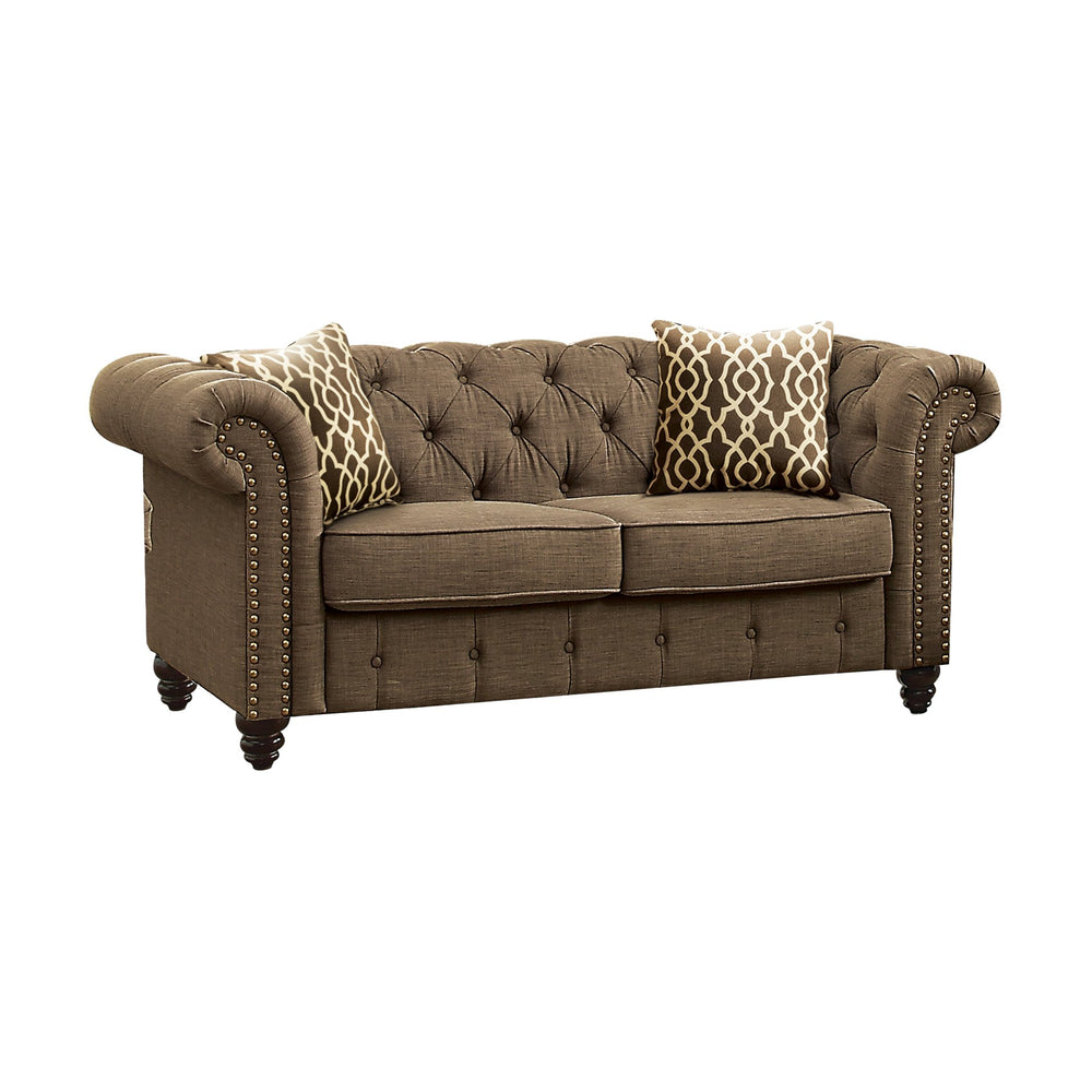 English Elm Aurelia Brown Linen Loveseat with 2 Accent Pillows, Button Tufted Chesterfield Arms, Nailhead Trim B2726P338683
