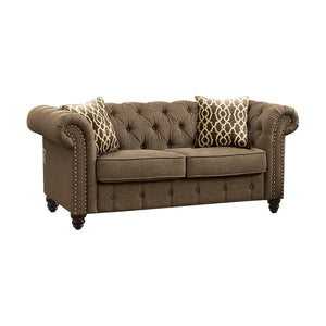 English Elm Aurelia Brown Linen Loveseat with 2 Accent Pillows, Button Tufted Chesterfield Arms, Nailhead Trim B2726P338683