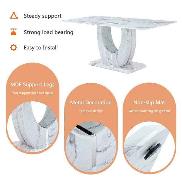 English Elm Table and Chair Set Modern Marble Glass Top Dining with Six Pu Leather Seats W1151S02125