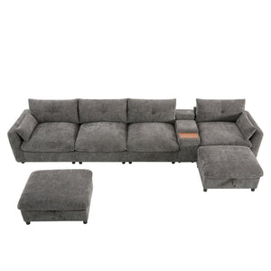 English Elm 142'' Modular Sectional Sofa - 6 Seats, Movable Ottoman, Usb Charging, Chic Chenille Style N723S9777E-GIGA