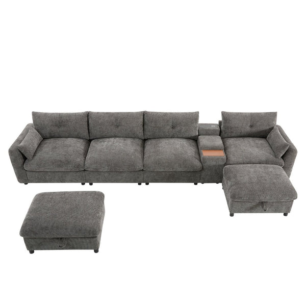 English Elm 142'' Modular Sectional Sofa - 6 Seats, Movable Ottoman, Usb Charging, Chic Chenille Style N723S9777E-GIGA