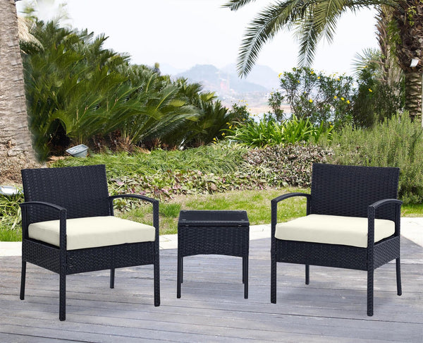 English Elm Noli Outdoor 3-Piece Conversation Set with Removable Washable Cushions and Tempered Glass Table - Weatherproof Steel Rattan Frame Black+Cream B365P398235