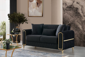 English Elm Melody Velvet Upholstered Sleeper Loveseat with Gold Accents, Vertical Tufting & Convertible Comfort Black B009S01834