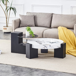 English Elm Modern Simple Double-Layer Round Coffee Table - Transparent Gray Glass Top With Black Mdf L-Shaped Legs.The Detachable Design Can Make The Use Of Space More Flexible.