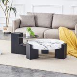 Modern Double-Layer Round Coffee Table - Gray Glass Top, Black L-Shaped Legs, Detachable Design