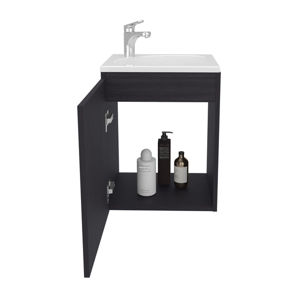 English Elm Saju 15.7" Floating One-Door Vanity Cabinet with Resin Sink, Black Wenge, Slim Modern Storage B200P335375