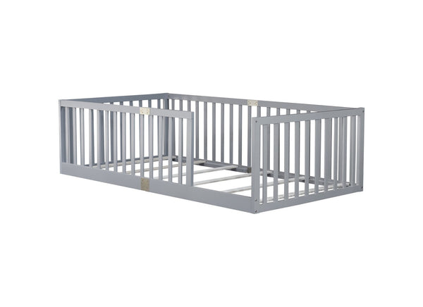 English Elm Twin Floor Bed Solid Rubber Wood with Tall Safety Railings for Toddler Sleep Grey W504P287642