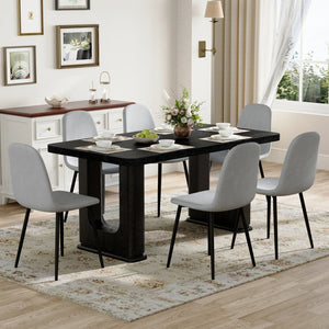 English Elm Table Set - Modern Black Wood Textured Dining Table With 6 Stylish Light Gray Linen-Cotton Chairs W1151S04317-GIGA