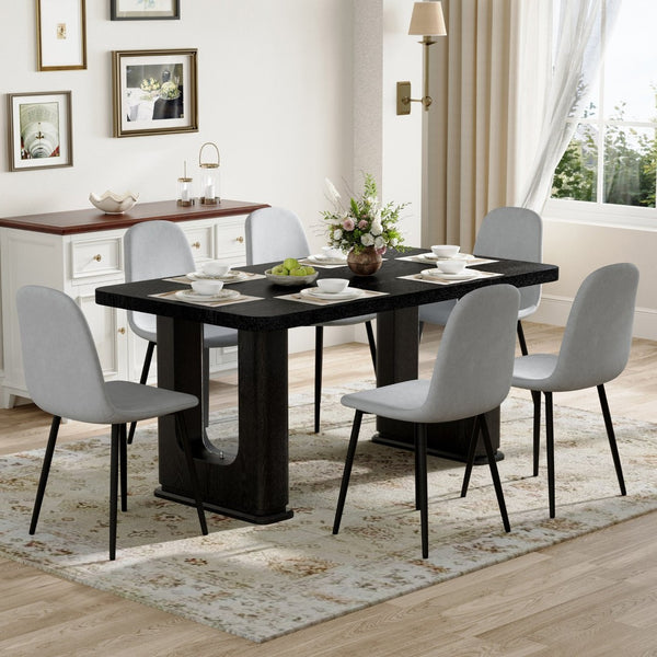 English Elm Table Set - Modern Black Wood Textured Dining Table With 6 Stylish Light Gray Linen-Cotton Chairs W1151S04317-GIGA