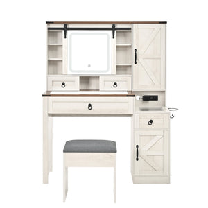 English Elm Farmhouse LED Vanity Desk with Sliding Mirror, Glass Top Storage, Built-In Charging Station & Stool White 37 L x 18.5 W x 13 H N733P340562K
