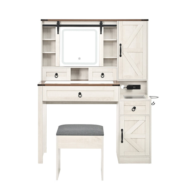 English Elm Farmhouse LED Vanity Desk with Sliding Mirror, Glass Top Storage, Built-In Charging Station & Stool White 37 L x 18.5 W x 13 H N733P340562K