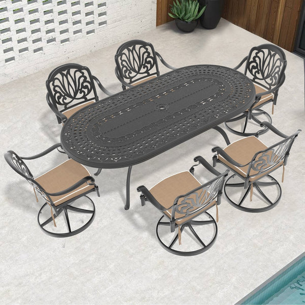 English Elm 7-Piece All-Weather Cast Aluminum Dining Set With 6 Cushioned Swivel Chairs And Oval Table, Black Frame W1710S00467