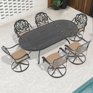 English Elm 7-piece Cast Aluminum Outdoor Dining Set Ornate Carved Relief Oval Table Swivel Chairs W1710S00652