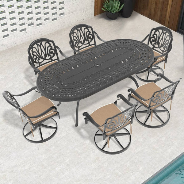 English Elm 7-piece Cast Aluminum Outdoor Dining Set Ornate Carved Relief Oval Table Swivel Chairs W1710S00652
