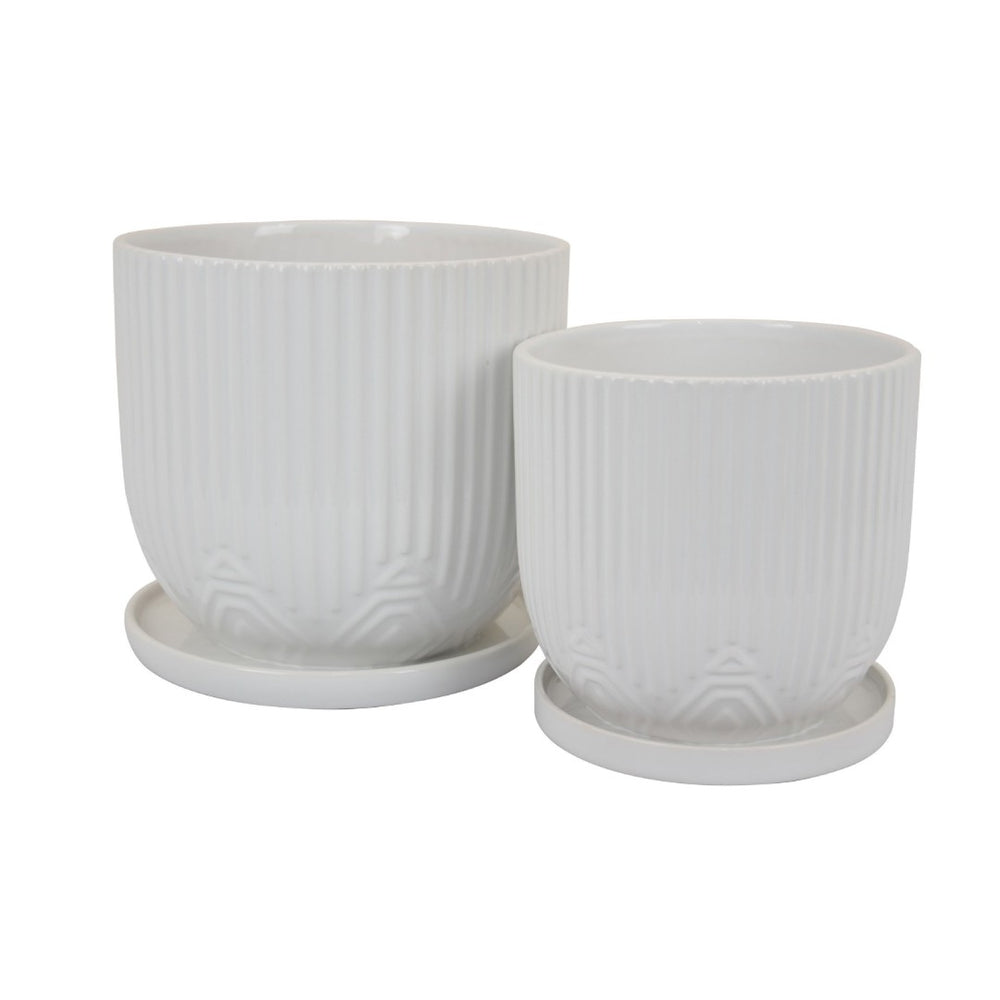 English Elm Leela Ribbed Ceramic Planter Set with Saucers Glazed White Architectural Indoor Decor B056P417089