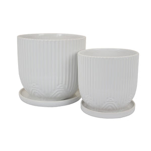 English Elm Leela Ribbed Ceramic Planter Set with Saucers Glazed White Architectural Indoor Decor B056P417089