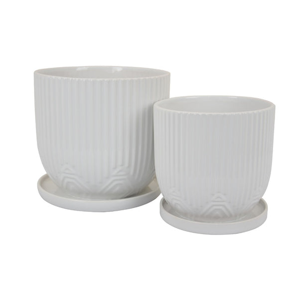 English Elm Leela Ribbed Ceramic Planter Set with Saucers Glazed White Architectural Indoor Decor B056P417089